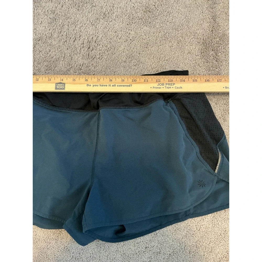 Athleta Womens Mesh Panel Running Shorts Teal Blue Black XL Zipper Pocket